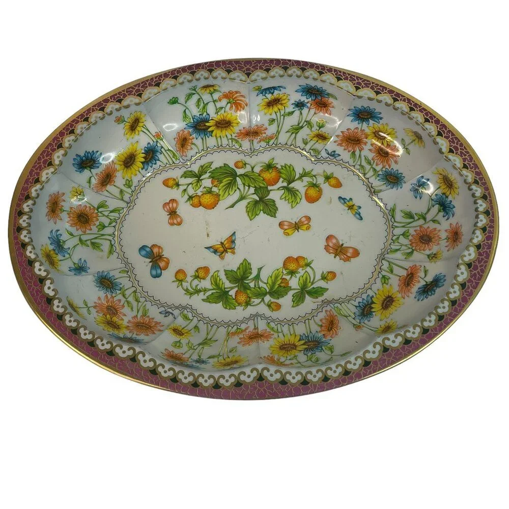 Vintage Daher Decorated Ware Strawberry Butterflies Sunflowers Oval Metal Tray